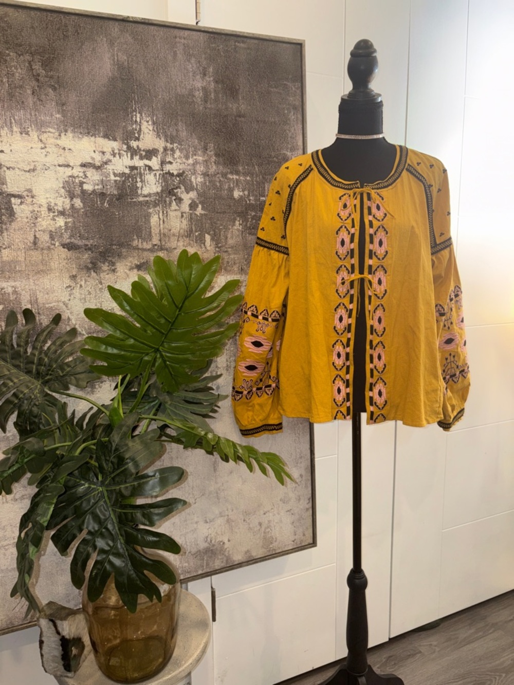 RD Style Mustard Embroidered Peasant Blouse 100% Cotton
